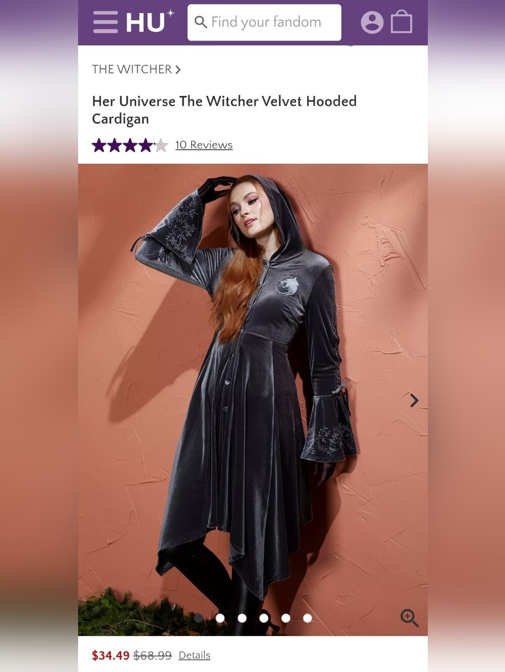 HerUniverse - Velvet Hooded Witcher-Inspired Cardigan Jacket, Dark Gray, 3X